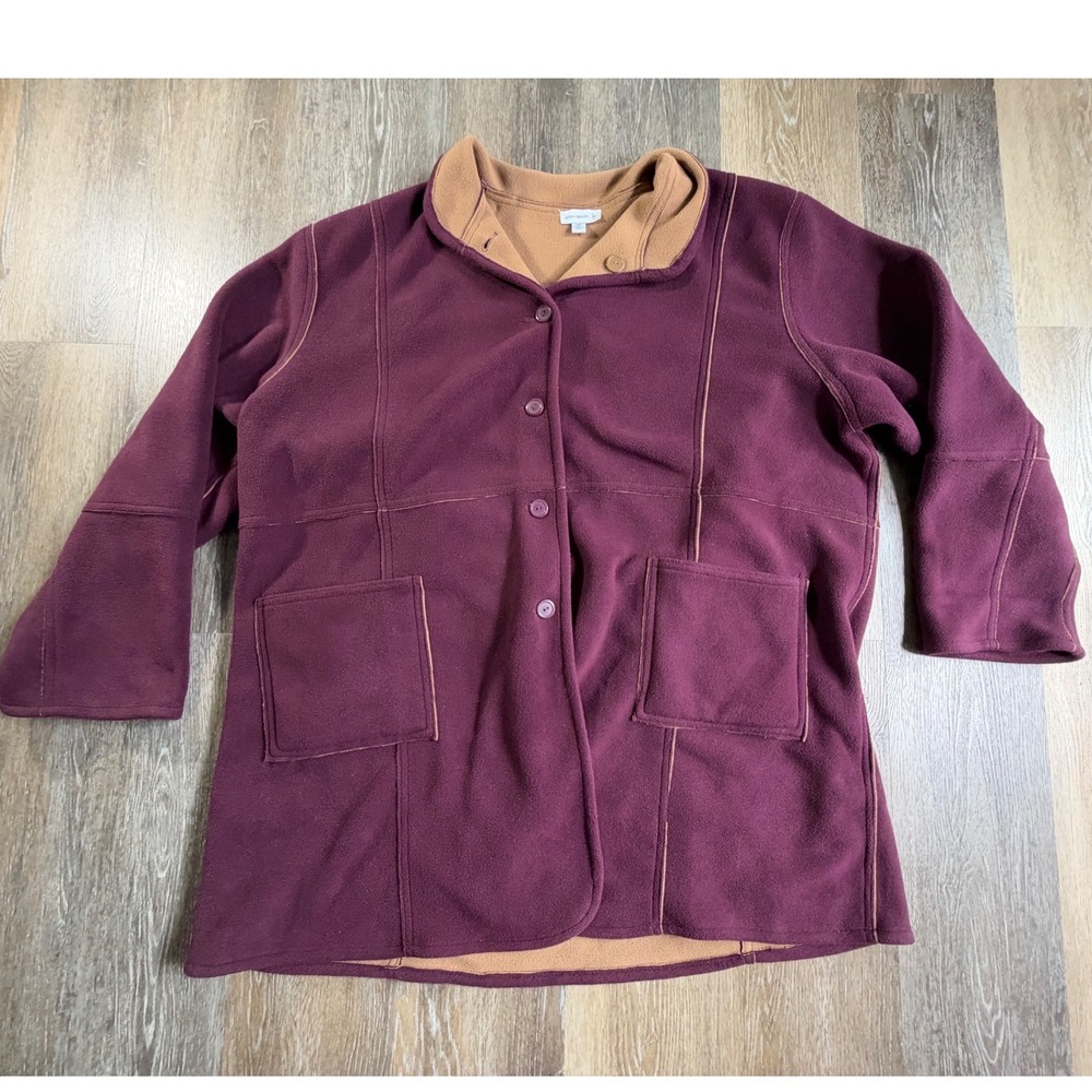 Susan Graver Fleece Jacket Women 3X Burgundy Tan Reversible Button Front Pockets